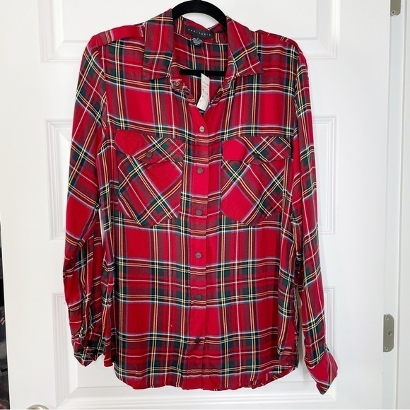 Sanctuary Button Front Tartan Plaid Boyfriend Pocket Shirt NWT - Picture 2 of 10